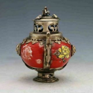 Fine China Antique Porcelain Inlaid Silver Copper&Monkey Lid Incense Burner 4