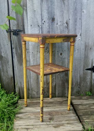 Vintage Shabby Mustard Yellow Simmons Wood & Metal 2 Tier End Table Plant Stand