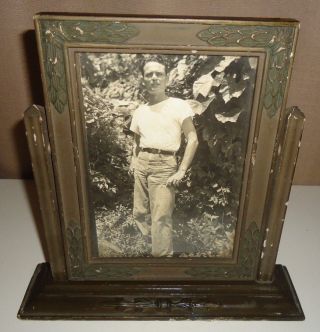 Antique Vintage Wooden Tilting Photograph Picture Frame With Glass & Photo Man