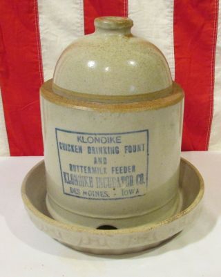 Antique Vintage Stoneware Klondike Chicken Waterer Feeder Farm Advertising Crock