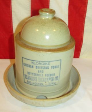 Antique Vintage Stoneware KLONDIKE Chicken Waterer Feeder Farm Advertising Crock 3