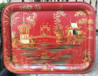 Antique Chinese Or Chinoiserie Gilt Painted Red Lacquer Scenic Metal Tray