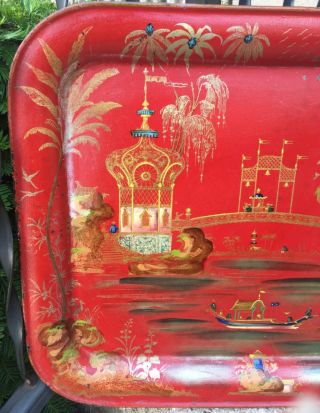 Antique Chinese or Chinoiserie Gilt Painted Red Lacquer Scenic Metal Tray 2