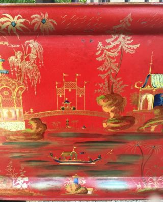 Antique Chinese or Chinoiserie Gilt Painted Red Lacquer Scenic Metal Tray 3