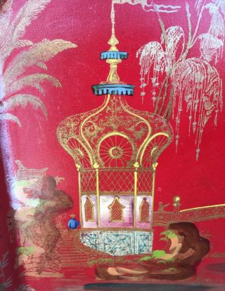 Antique Chinese or Chinoiserie Gilt Painted Red Lacquer Scenic Metal Tray 5