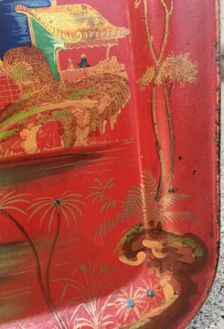 Antique Chinese or Chinoiserie Gilt Painted Red Lacquer Scenic Metal Tray 8