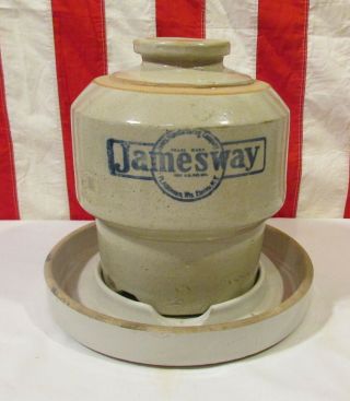 Antique Vintage Stoneware Jamesway Chicken Waterer Feeder Farm Advertising Crock