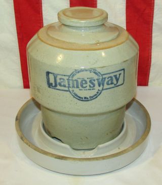 Antique Vintage Stoneware Jamesway Chicken Waterer Feeder Farm Advertising Crock 2