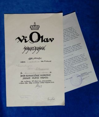 Norway.  Document For Order Of St.  Olav 2nd Class.  Yugoslavia.  Medal.  Orden
