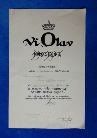 NORWAY.  DOCUMENT FOR ORDER OF ST.  OLAV 2ND CLASS.  YUGOSLAVIA.  MEDAL.  ORDEN 3