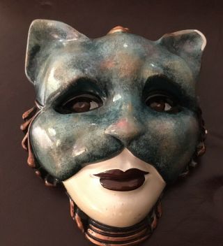 Vintage Art Deco Style Large Chalkware Cat Mask Glazed Signed