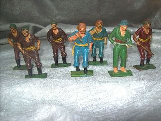 7 Vintage Painted Cast Iron Toy Pirates Figures / Figurines - Pretend Play