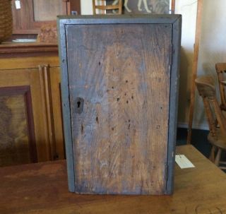 Antique Primitive Wooden One Door Hanging Cupboard W/ Key - Orig Gray Paint
