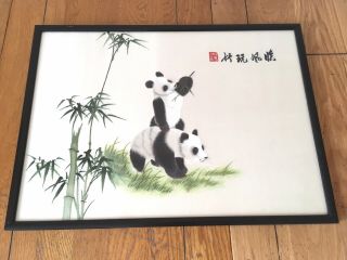 Vintage Framed Chinese Silk Canvas Embroidered Picture Pandas Bamboo Asian 19 "