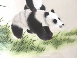 Vintage Framed Chinese Silk Canvas Embroidered Picture Pandas Bamboo Asian 19 