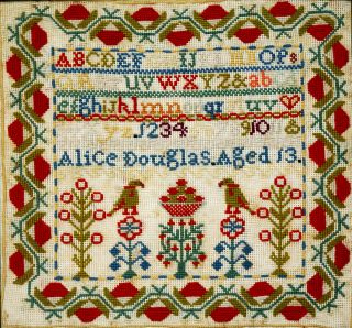 Antique Scottish Embroidery Sampler Alice Douglas Aged 13 (one Of Sisters Pair)