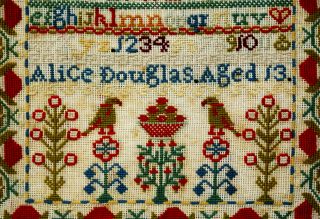 ANTIQUE SCOTTISH EMBROIDERY SAMPLER ALICE DOUGLAS AGED 13 (ONE OF SISTERS PAIR) 3