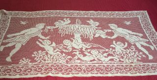 Antique Hand Made Filet Lace Runner With Figures Fountain Cherubs People