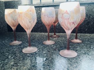 Six Art Nouveau Glass By Reuven - Six Wine Glasses Pink