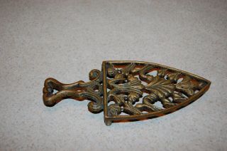 Antique vintage old ornate iron trivet for sad iron brass 3