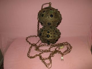 Antique Moroccan Style Brass Glass Jeweled Hanging Fairy Ball Lamp Chandelier