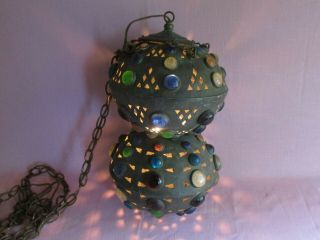 Antique Moroccan Style Brass Glass Jeweled Hanging Fairy Ball Lamp Chandelier 2