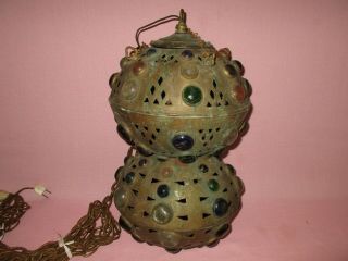 Antique Moroccan Style Brass Glass Jeweled Hanging Fairy Ball Lamp Chandelier 3