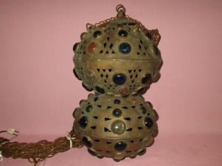 Antique Moroccan Style Brass Glass Jeweled Hanging Fairy Ball Lamp Chandelier 4