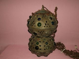 Antique Moroccan Style Brass Glass Jeweled Hanging Fairy Ball Lamp Chandelier 5