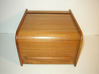 Vintage Teak Filing Storage Box W/ Tambour Rolling Top For Nes Games Mcm