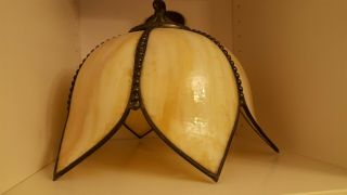 Antique Tulip Pearl Glass Slag Lamp Shade,  Beige Glass With Rose Leaded Bands
