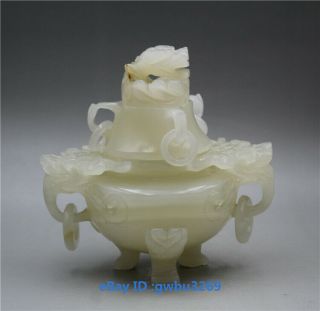 EXQUISITE CHINESE HAND CARVED 100 NATURAL JADE DRAGON INCENSE BURNER 8