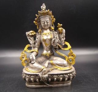 160mm Collectible Handmade Carving Statue Buddha Copper Silver Gilt Religion