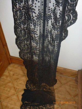 Stunning Long Antique French Spanish Black Lace Floral Flounce 155 " X 14 1/2 "