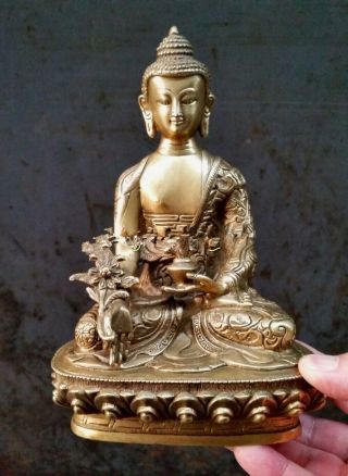 Tibetan Buddhis shakyamuni Old bronze buddha dragon statue 20cm 2