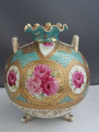 Gorgeous Antique Footed Two - Handled Hand - Painted Porcelain Vase Signed