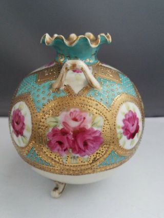 Gorgeous Antique Footed Two - handled Hand - painted Porcelain Vase Signed 5