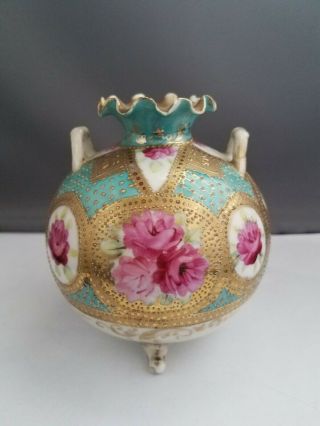 Gorgeous Antique Footed Two - handled Hand - painted Porcelain Vase Signed 6