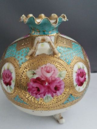 Gorgeous Antique Footed Two - handled Hand - painted Porcelain Vase Signed 7