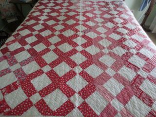 Vintage Red And White Lattice Pattern Hand - Stitched Patchwork Quilt 76 " X 66 "