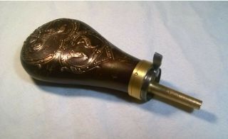 Copper Brass Black Powder Flask Horn Hunting Dog Pheasants