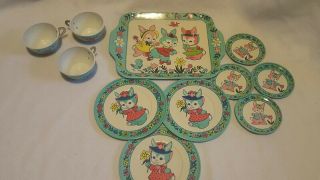 Vintage J.  Chein Tin Rabbit Tea Serving Set Trey Cups Plates Bunny 11 Piece