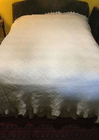 Large Vintage White Knitted/crochet Tie Lace Double Bed Coverlet/quilt.