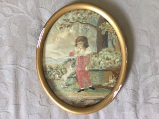 Georgian Silk Work Picture Of Young Boy With Dog - Hand Painted Head And Hands