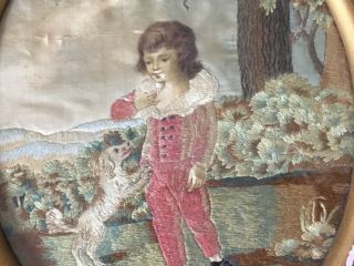 Georgian silk work picture of young boy with dog - hand painted head and hands 5