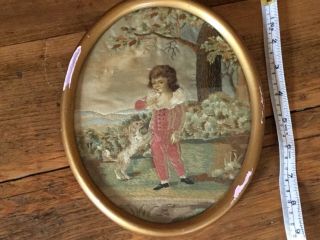 Georgian silk work picture of young boy with dog - hand painted head and hands 7