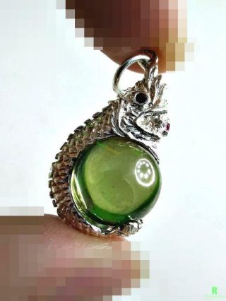 15224 - Naga Eye Leklai Kaew Thai Amulet Somporn Green Healing Crystal Silver 925