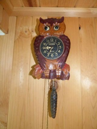 Vtg Hand Carved Sansin Co Ltd Tokyo Japan Cuckoo Clock Owl W/ Moving Eyes