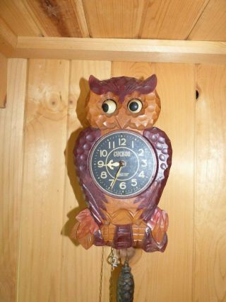 Vtg Hand Carved SANSIN CO LTD Tokyo Japan Cuckoo Clock Owl w/ Moving Eyes 2