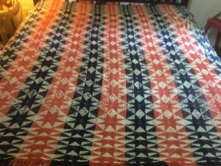Antique Handwoven Overshot Coverlet In Red,  White And Blue Stars Pattern